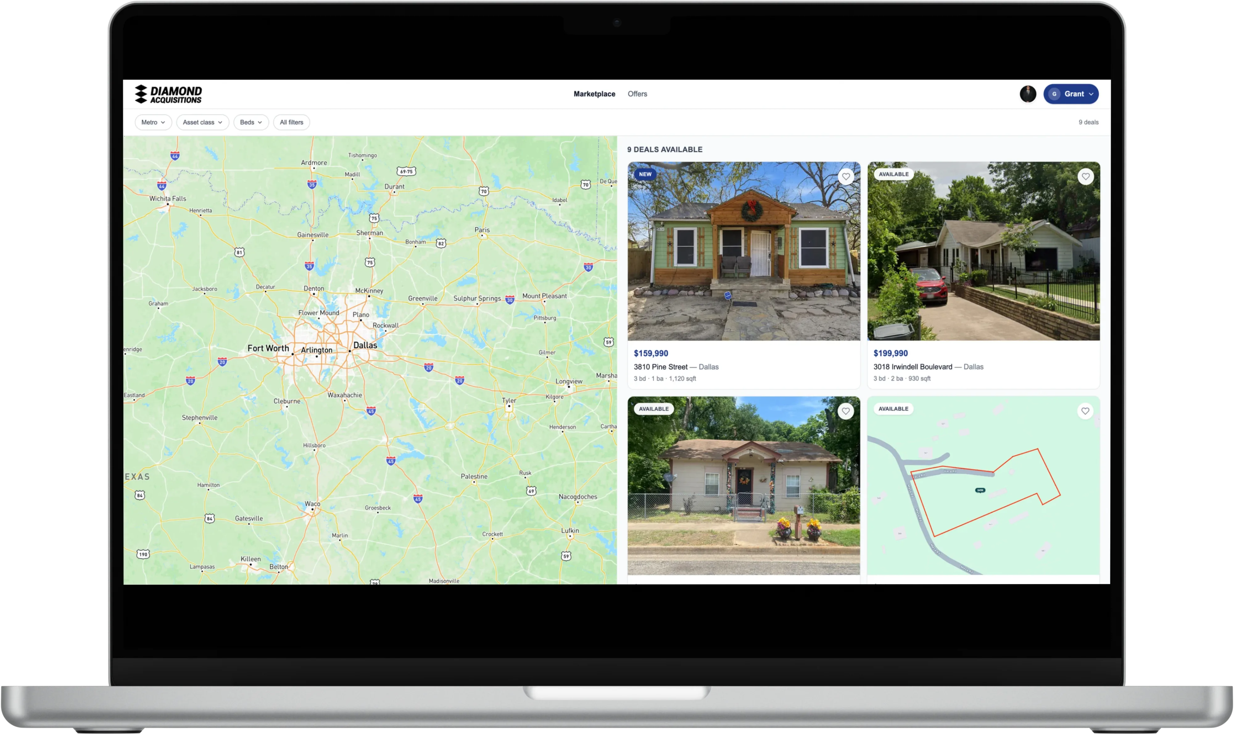 Diamond Acquisitions investor portal on desktop — Marketplace map view showing nine available Dallas–Fort Worth deals across the metro