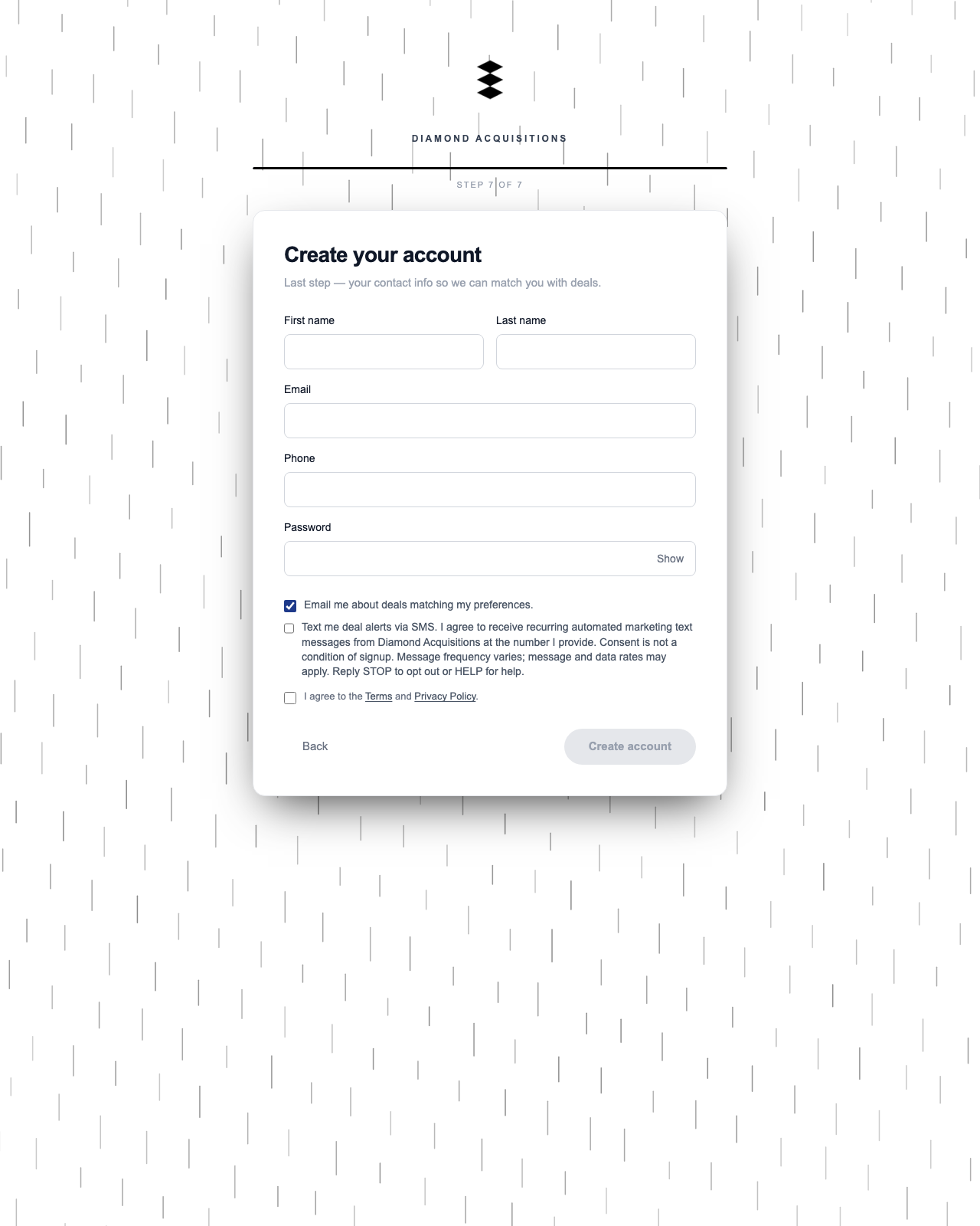 Marketplace signup form showing the unchecked SMS consent checkbox with full disclosure language